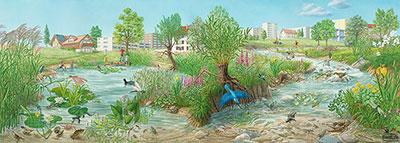 Poster panoramico «stagno e corso d’acqua negli agglomerati urbani»